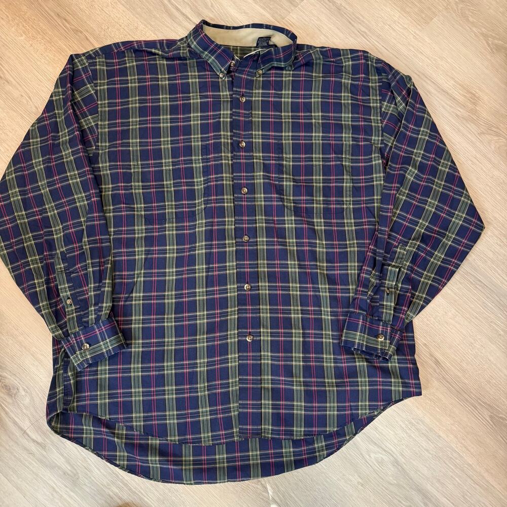 Van Heusen Mens Large Plaid Button Down Shirt Blue Green Red Long Sleeve